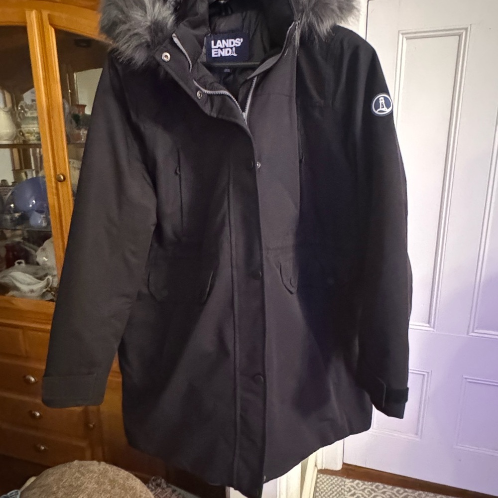 Lands' End Black Ski & Snow Jacket with Fur Hood